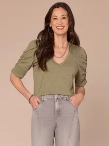 Elbow Puff Sleeve Scallop V-Neck Pintuck Petite Knit Top