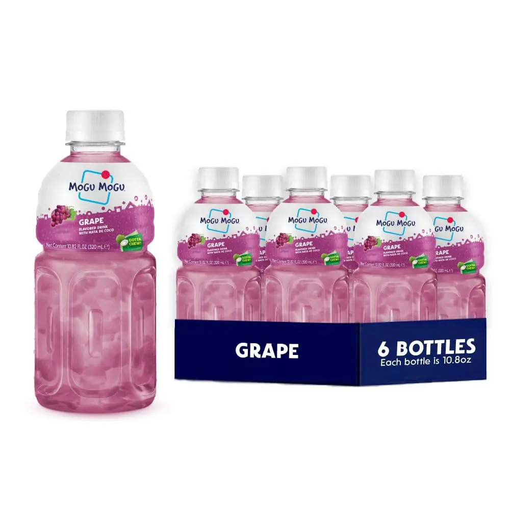 Mogu Mogu Drink Grape (6 Bottles) Delicious drinks made with nata de coco (coconut jelly). Fun chewable juice boxes for kids. Juice bottles made for adults and kids. Famous Asian drinks