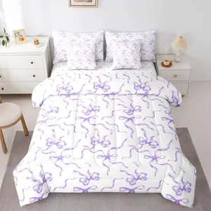 Fantasy Ribbon Bow 7 Piece Bedding Set,Purple Bow Comforter Set with Sheets, Dreamy Preppy Coquette Bed in a Bag