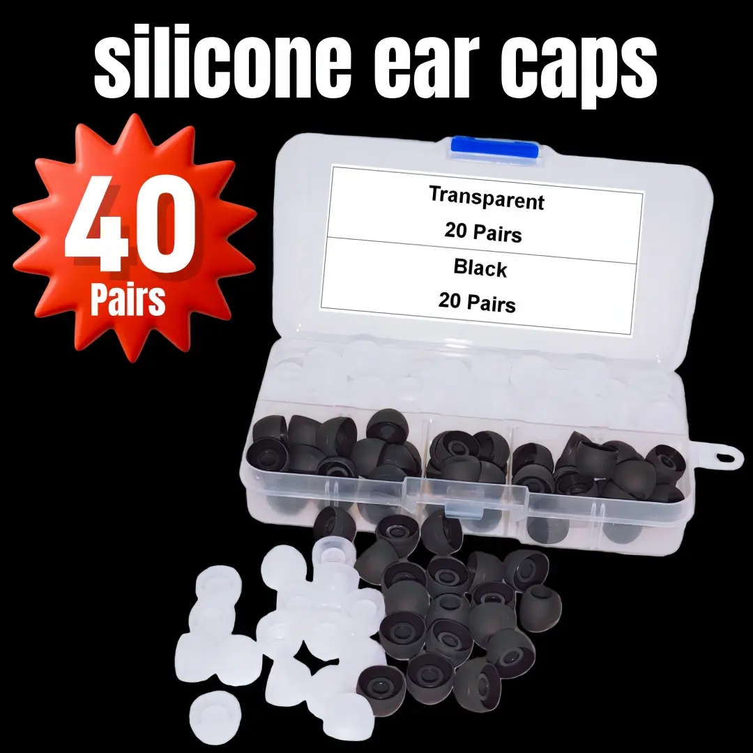 Universal 13mm Silicone Earbud Tips - Silicone Material, High Elasticity, 40 Pairs (Black+Clear) For Most In-Ear Headphones - Secure Seal, Noise Reduction, Skin-Friendly, Extended Wear, Universal Compatibility Transparent