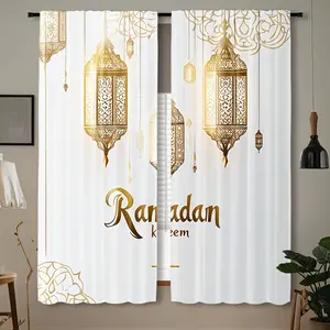 2pcs Ramadan Festival Curtains - Golden Moon & Palace Carving Design with Hanging Lanterns, Semi-Transparent Rod Pocket Drapes for Living Room & Bedroom, Ramadan Home Decor | Elegant Window | Semitransparent Material, Islamic Home Decor