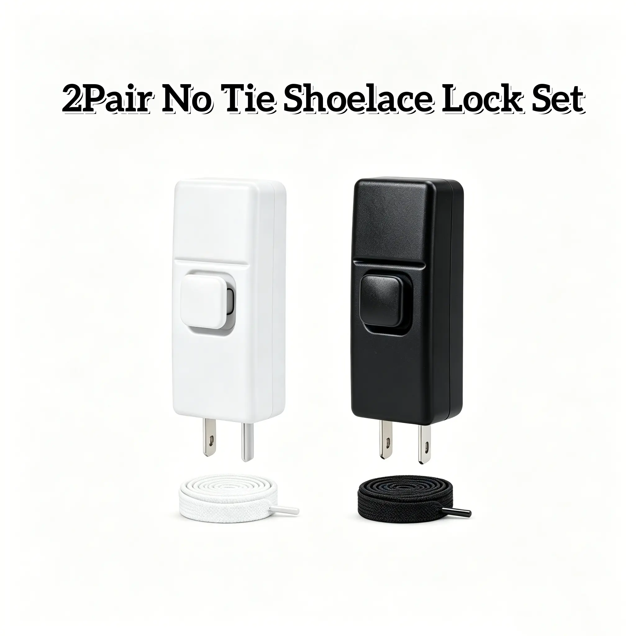 Elastic No-Tie Polyester Shoelaces, 2-Pair Pack (Black & White) with Metal Press Lock 1-Click Quick Release, Easy Wear Replacement for Athletic Footwear, Office, Commuting & Daily Walking (1-Size Fits Kids & Adults), Solid