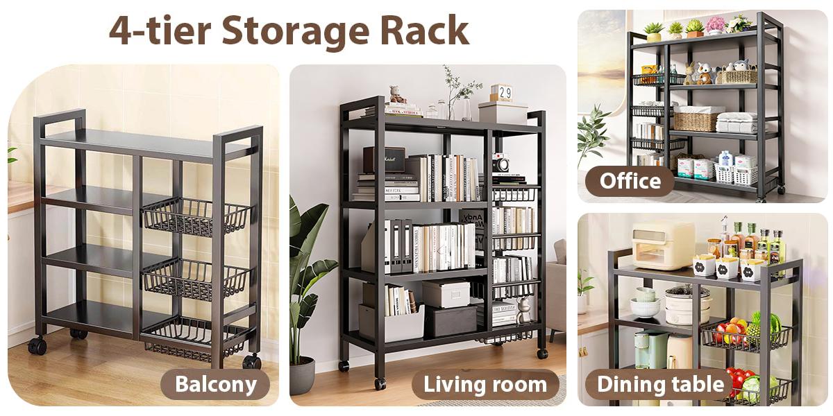 [Multi-Purpose] Metal Rolling Kitchen Storage Rack with Open Baskets – Black 3-Tier / 4-Tier Wheeled Organizer Cart, Multifunctional Floor Storage Stand, Efficient Space-Saving Kitchen Organizer and Storage Rack