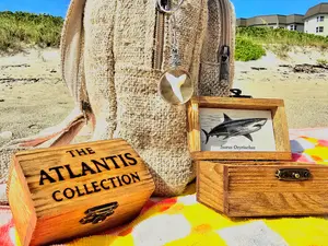Mako Shark Tooth Keychain with Mini Wooden Treasure Chest