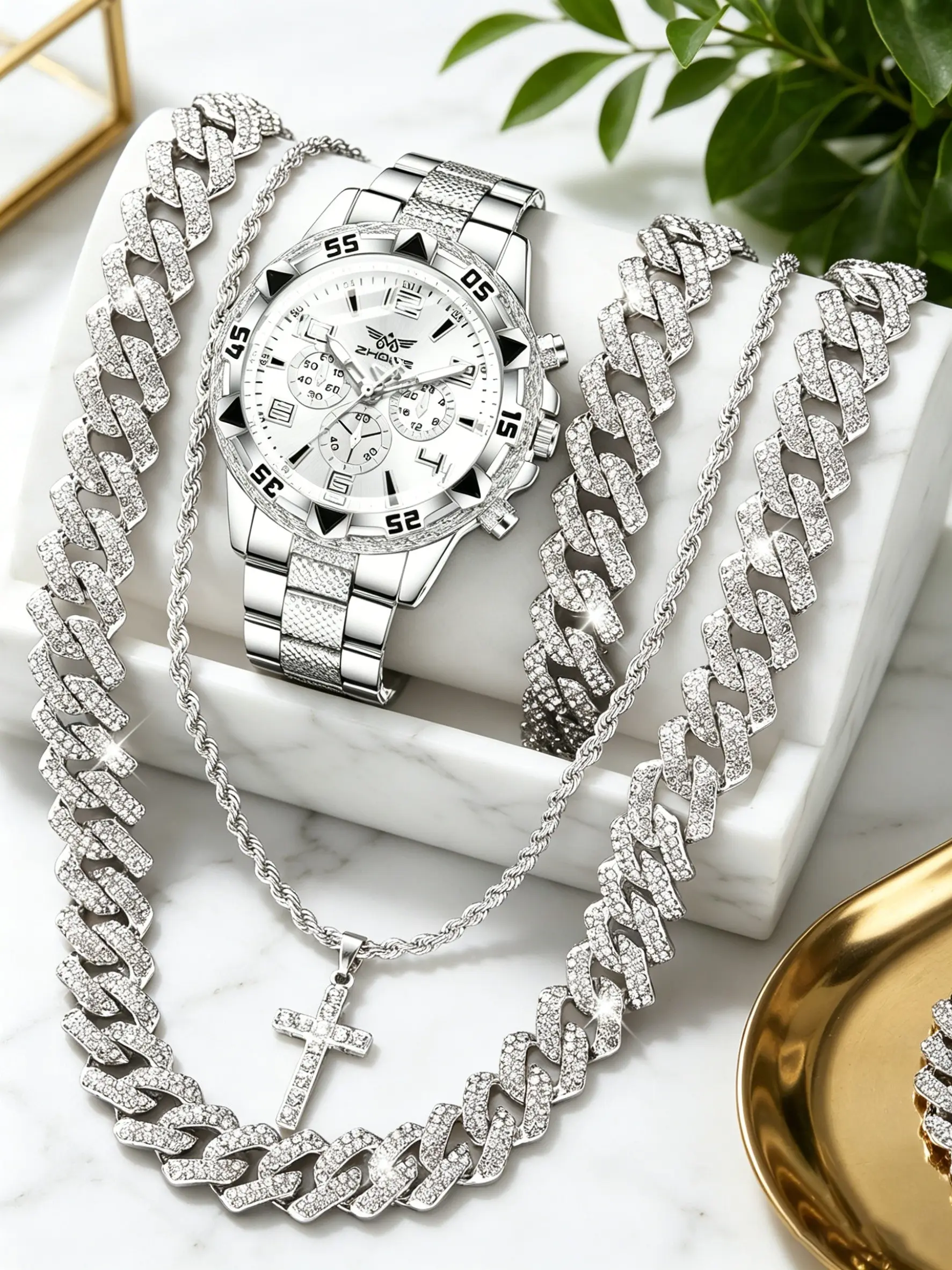 Men's Full Diamond Fashion Watch Jewelry Set, Quartz Watch + Cuban Chain + Cross Necklace, European and American Hip Hop Style, 4-Piece Set, Stainless Steel Wristwatch, Casual Trendy Wristwatch, Trendy Watch, Analog Quartz Movement