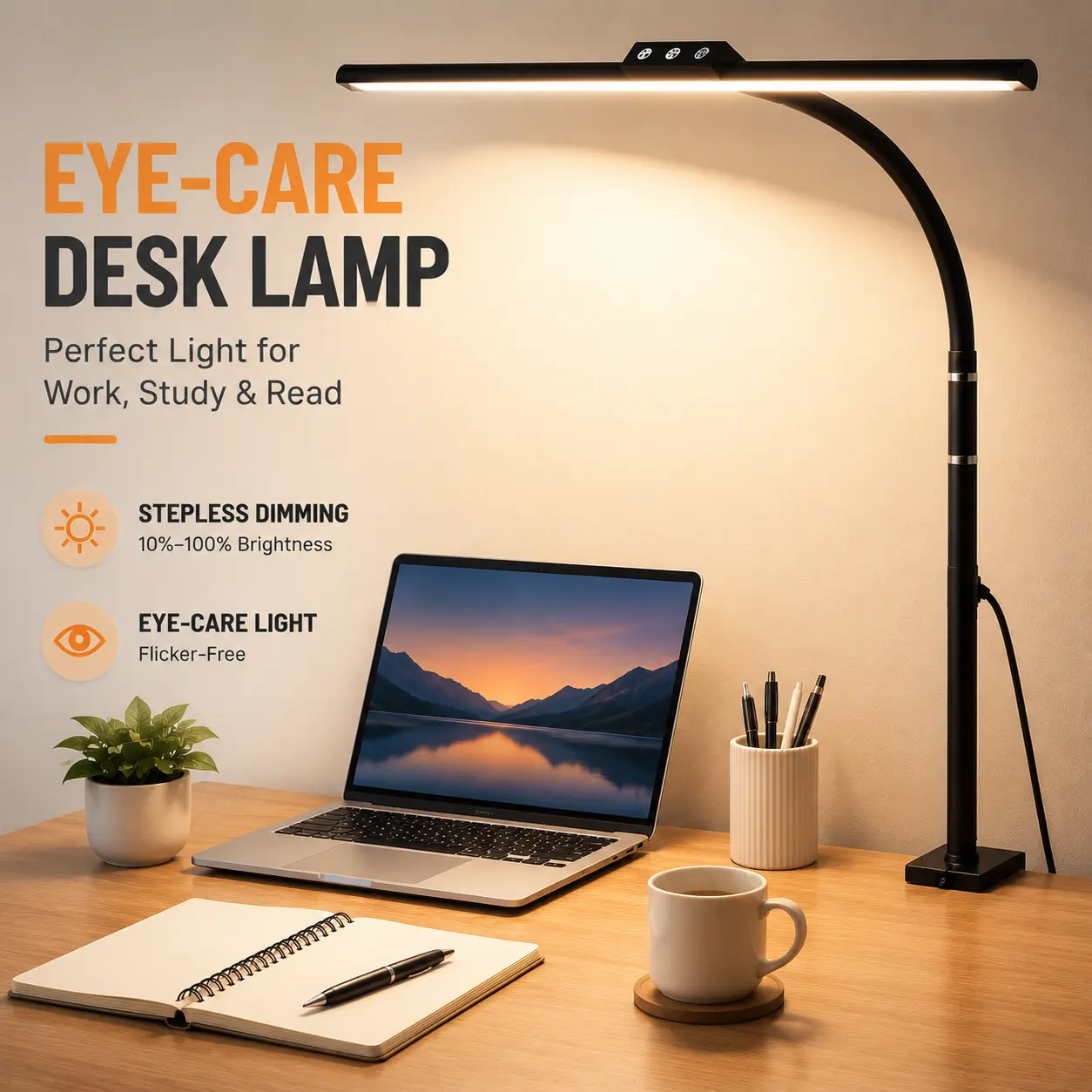 LED Clamp Desk Lamp with 16.5" Wide Light Bar, 27.5" Flexible Gooseneck, 5 Color Modes & Stepless Dimming, Space-Saving USB Desk Light for Computer Monitor, Home Office, Study, Reading & Crafting