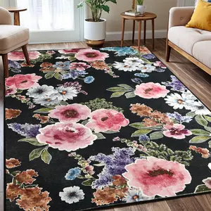 Floral Rugs - Retro-Style, Washable, Soft Low-Pile, Stain-Resistant Area Rug & Throw Accent Carpet for Living Room, Bedroom (Beige, Black; Multiple Sizes: 2x3, 2x6, 2.6x8, 3x5, 5x7 ft), Rugs For Bedroom