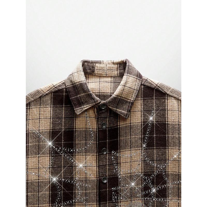 Men's Street Style Crystal Spider Web Plaid Short Sleeve Woven Shirt Men's Street Style Crystal Spider Web Plaid Short Sleeve Woven Shirt