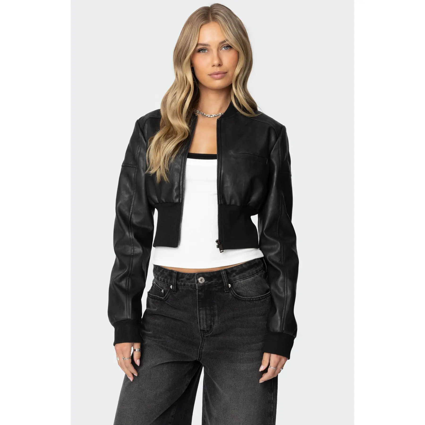 Cropped Faux Leather Bomber Jacket Cropped Faux Leather Bomber Jacket