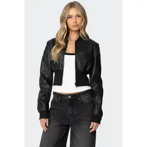 Cropped Faux Leather Bomber Jacket