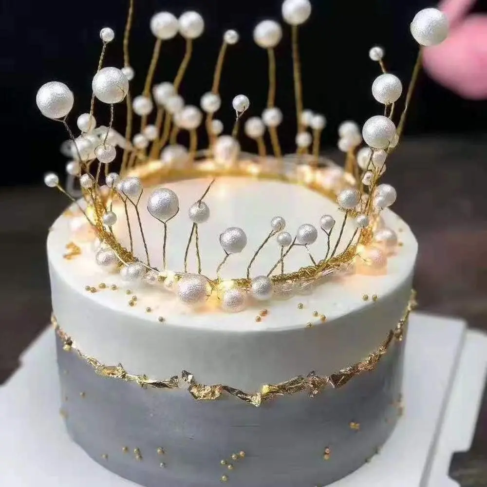 Handmade Sturdy Dainty Shiny Metal Cake Topper - 4x5.5in White Artificial Pearl Crown, Reusable Girl Baby Princess Themed Happy Birthday Decor for Newborn-Infant, Wedding Home Festive Party Ornaments