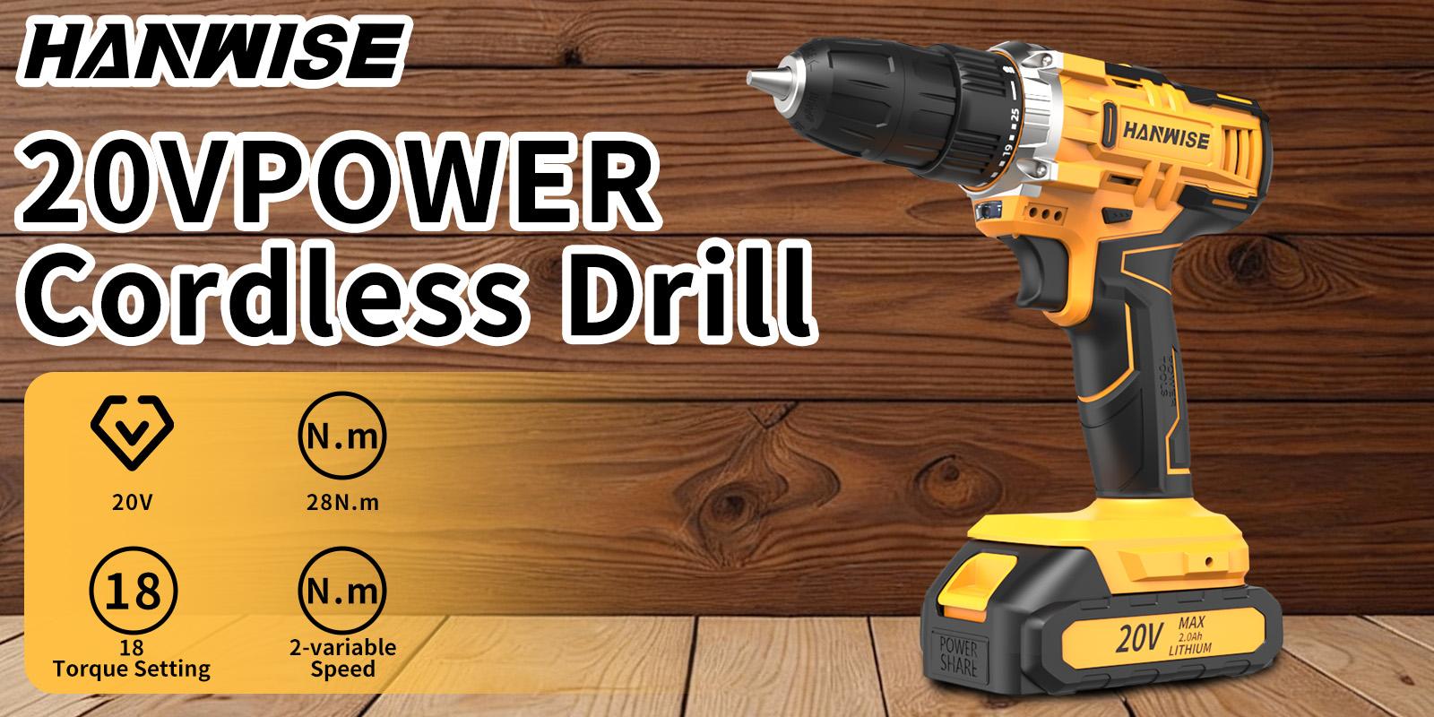 HANWISE20V cordless drill/screwdriver set, keyless chuck drill (with LED light), equipped with battery, compact body design, suitable for home, construction, industrial production and home decoration scenes, perfect for men's gift giving