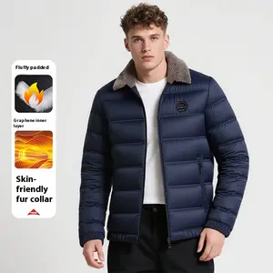 Men's Navy Blue Shearling Collar Cotton Coat - Fluffy Filling & Graphene Lining Warm Jacket Men's Navy Blue Shearling Collar Cotton Coat - Fluffy Filling & Graphene Lining Warm Jacket