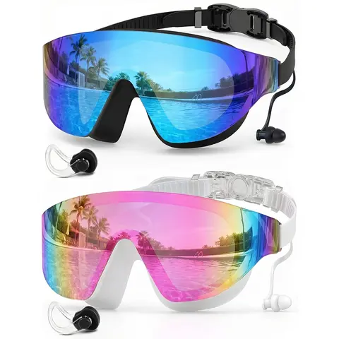 Zoomsnail Upgrade Unisex 2-Pack Frameless Wide-View Water Goggles, Adjustable Strap, Anti-Fog Coating, UV-Resistant, Leakproof Silicone Seal, Nose Clips, Adjustable Swim Goggles for Adults Outdoor Swimming