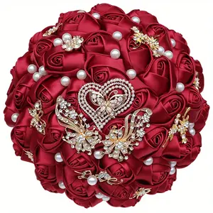 Bling Bling Rhinestone Faux Pearl Butterfly Decorative Bride Holding Flowers Vintage Wedding Bouquet Flower