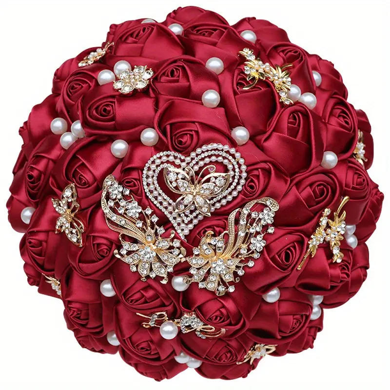 Bling Bling Rhinestone Faux Pearl Butterfly Decorative Bride Holding Flowers Vintage Wedding Bouquet Flower