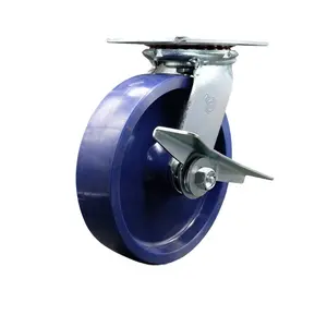 Service Caster SCC-35S820-SPUR-SLB Heavy Duty Large Top Plate Solid Polyurethane Swivel Caster with 8 x 2 in. Blue Wheel & Side Lock Brake - 1200 lbs Capacity per Caster
