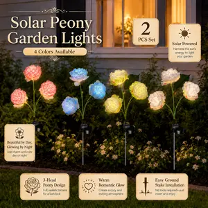 2 Pack Solar Peony Flower Garden Lights, IP65 Waterproof Outdoor Decor