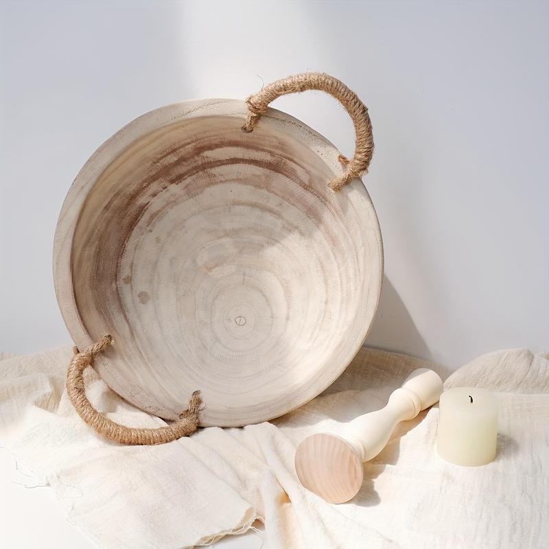11.2 Inch Wooden Decorative Bowl, Paulownia Wood Dough Bowl with Rope Handle, Rustic Key Bowl for Entrance Table, Tableware Tray, Naturewood Table Centerpieces Bowl for Home Boho Decoration and Garden Accessories.