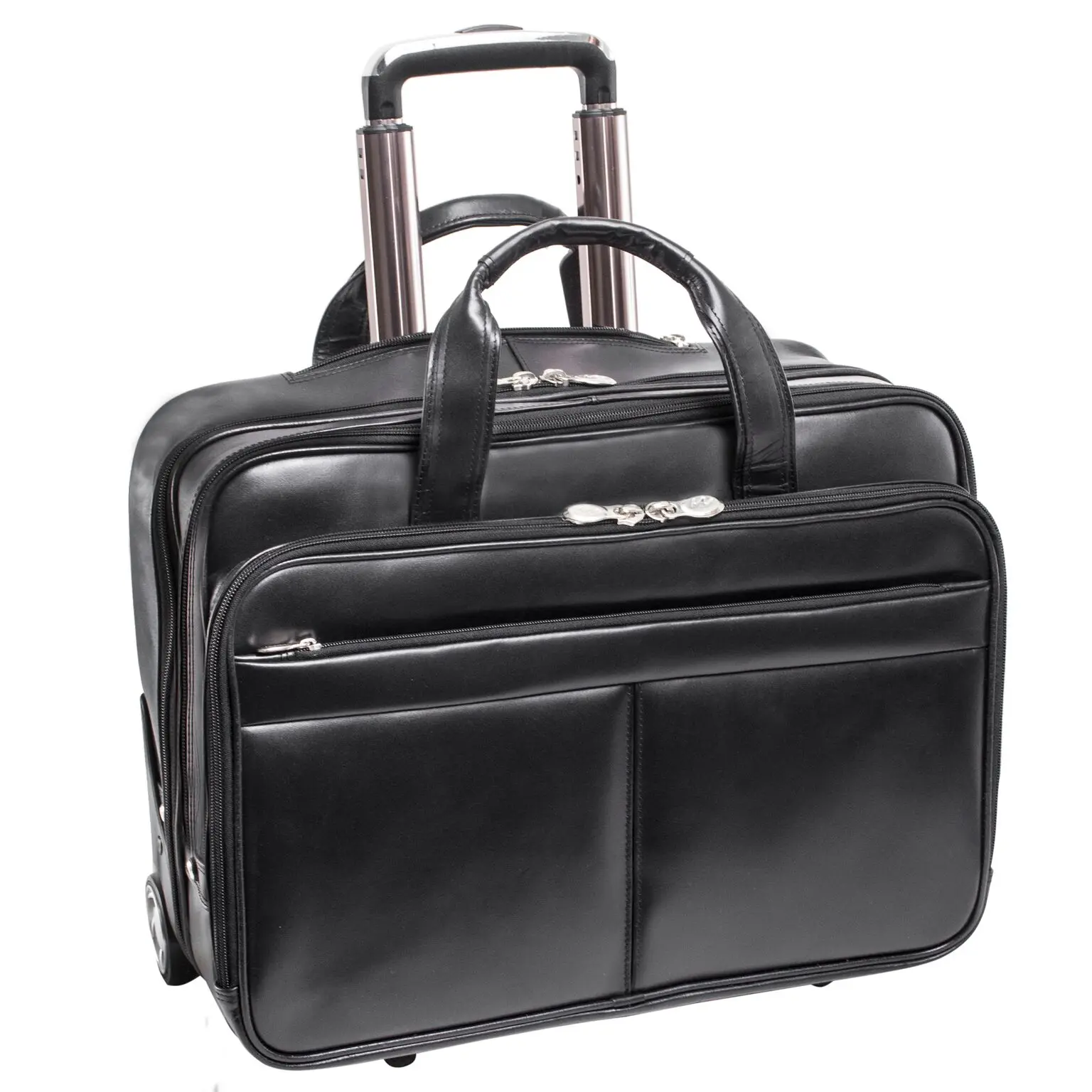 Wheeled Laptop Briefcase for Men, Bowery Style Black Leather Bag with Dual Protection System, Padded Tablet Pocket & Front Zipper Pockets