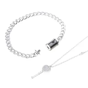 2pcs Heart Key Pendant Necklace Stainless Steel Lock Bracelet Couple Jewelry