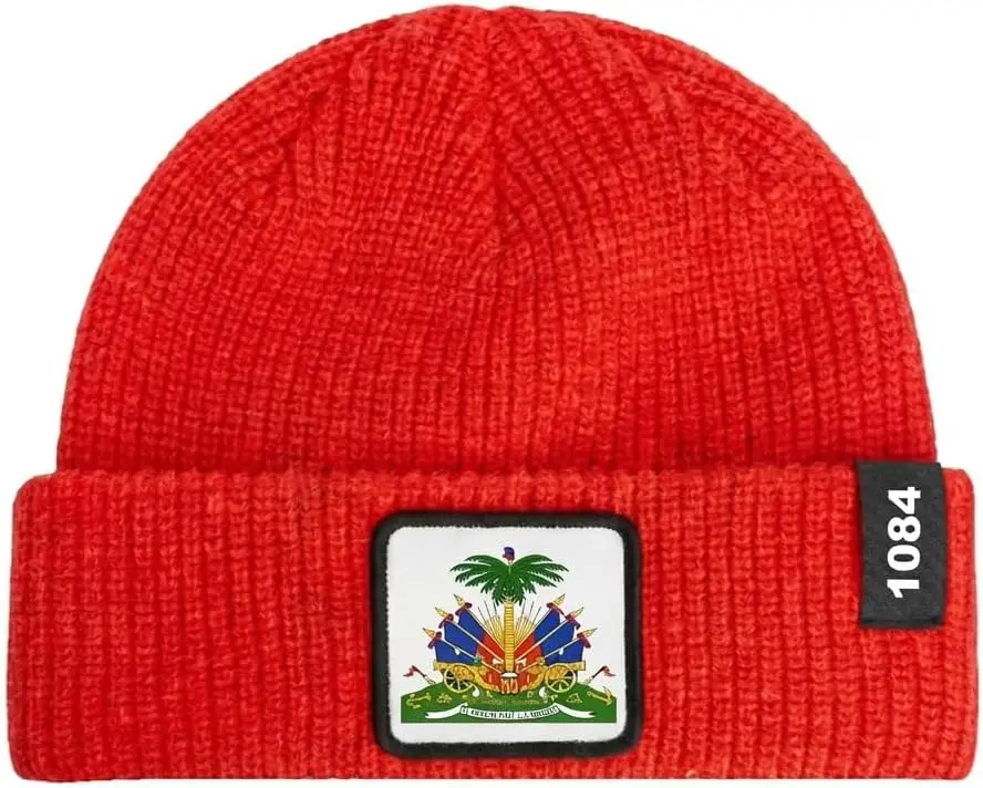 KILTIZILEA Haiti Heritage Beanie - Premium Red Knit Cuffed Winter Hat with Haitian Emblem Patch - Vibrant Warm Stretchable Daily Streetwear Skull Cap for Men and Women