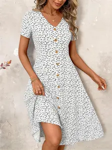 Women's Polka Dot Print Midi Dress, V Neck Short Sleeve Button Front a Line Dress, Casual Wear/commute/vacation/pose/couple/lightly Mature Style