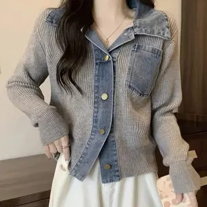 Women's Elegant Imitation Denim Patchwork Sweater Cardigan V-Neck Button-Front Long Sleeve Stretchy All-Season Layering Top Durable Fall/Winter Coat for Casual to Semi-Formal Outfits