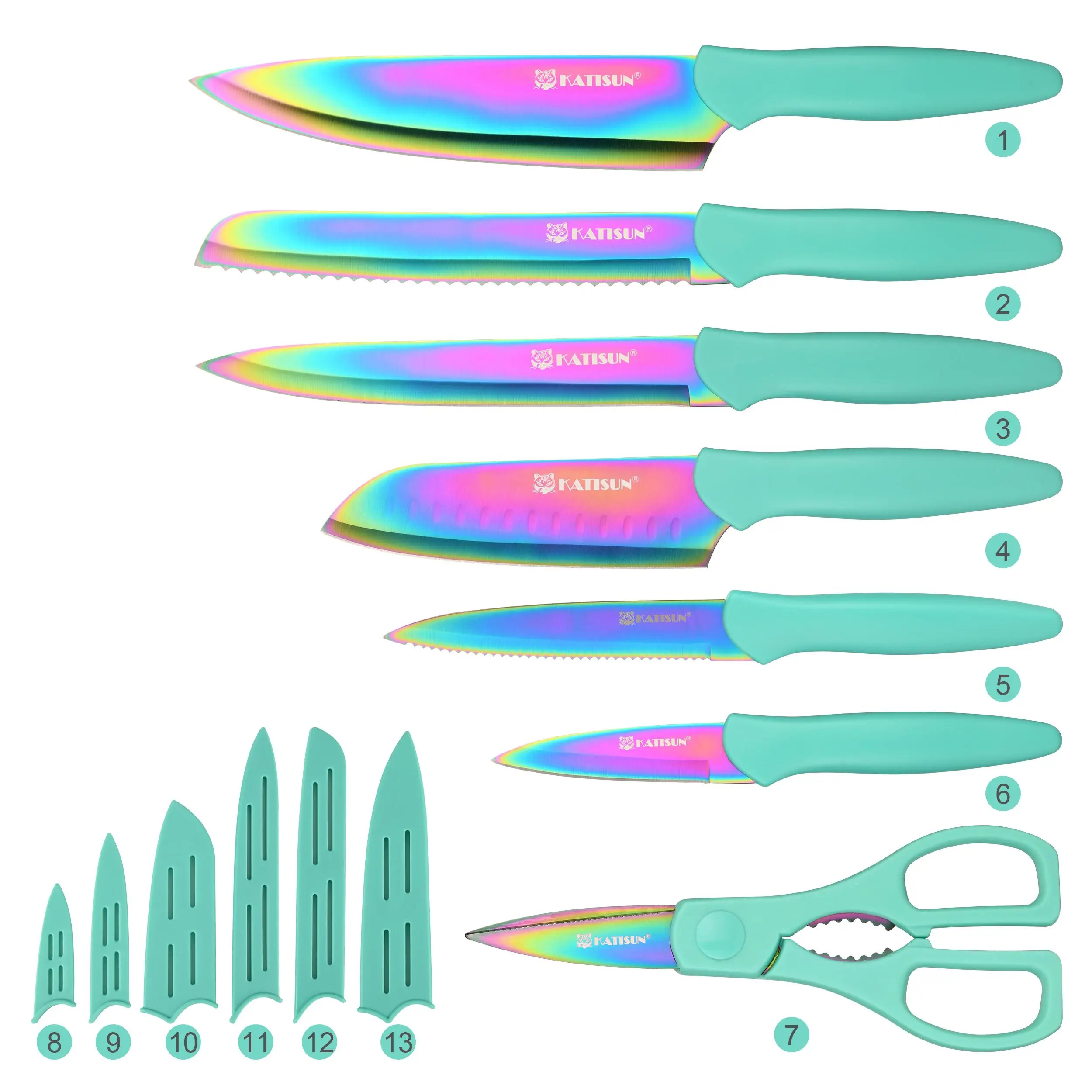Multi-Purpose Kitchen Scissors 7-Piece Advantage Rainbow Titanium-Coated Stainless Steel Knife Gift Set, rust-resistant and dishwasher-safe, includes 6 knives with 6 sheaths and kitchen shears.The perfect gift for Thanksgiving, Christmas, and New Year's.