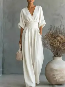 2026 Spring Summer Women's Elegant V Neck Waist Slim Jumpsuit Casual Solid Color Fashion Romper, One Piece Pants for Women
