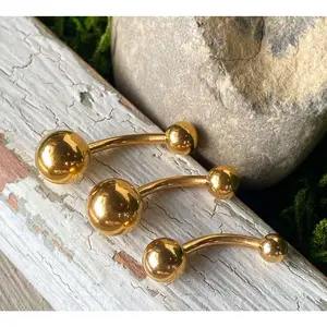 Simple Gold IP Double Ball Belly Ring Pierced Navel Naval Curved Barbell