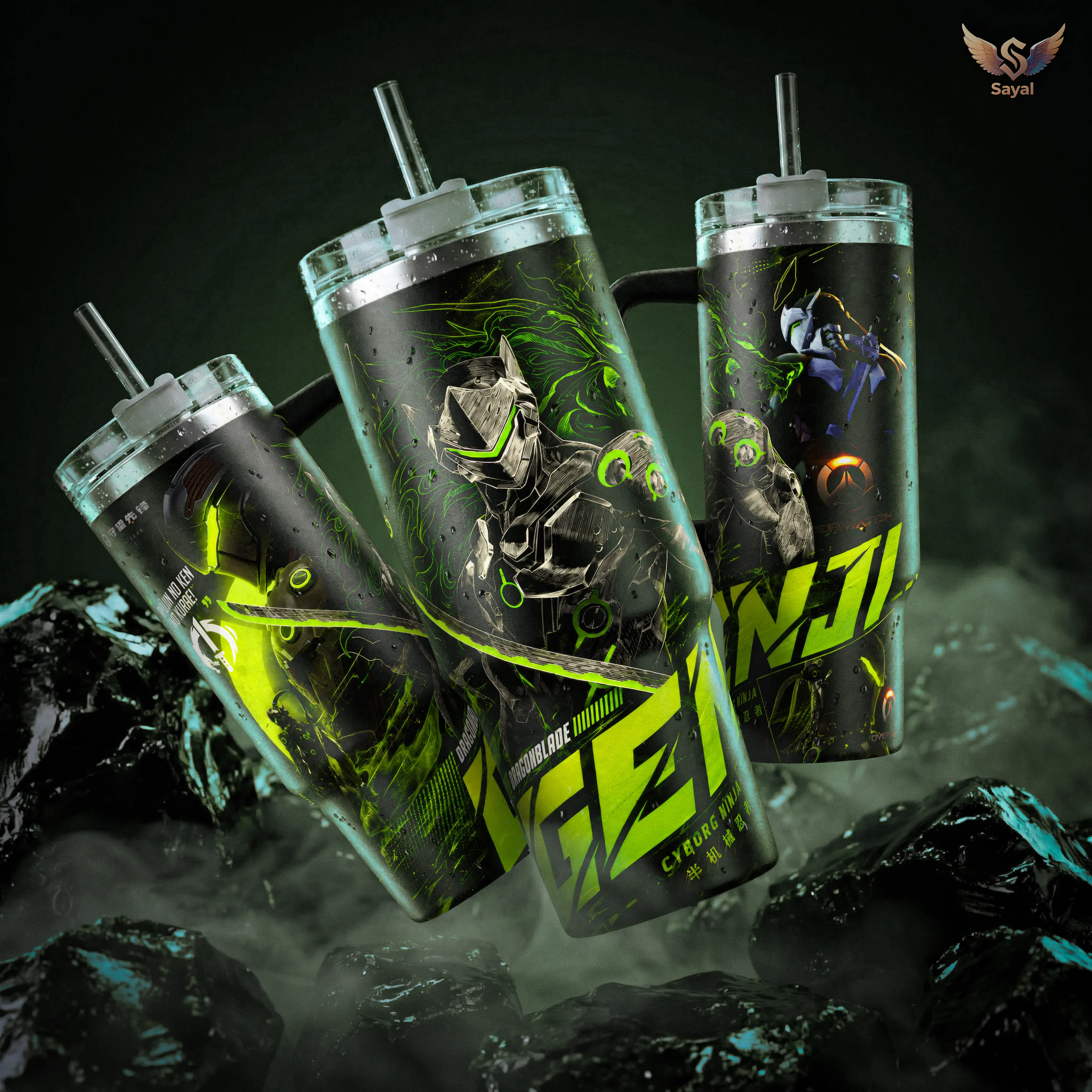 Genji Overwatch Cyborg Ninja Ryūjin no ken wo kurae 40oz 20 oz Insulated Tumbler Stainless Steel With Handle Straw Keeps Drinks Hot Cold Green Neon Gaming Merch For Fans