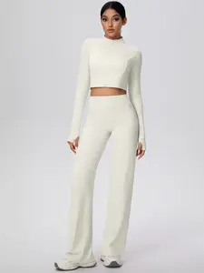 Women's Zip Upr Long Sleeve Sports Jacket Wide Leg Pants Set Solid Highly Elastic Breathable Sweat Wicking Top Coat High Waist Yoga Pants Casual Work Dance Running Pants Sweatpants Sweatsuit Set