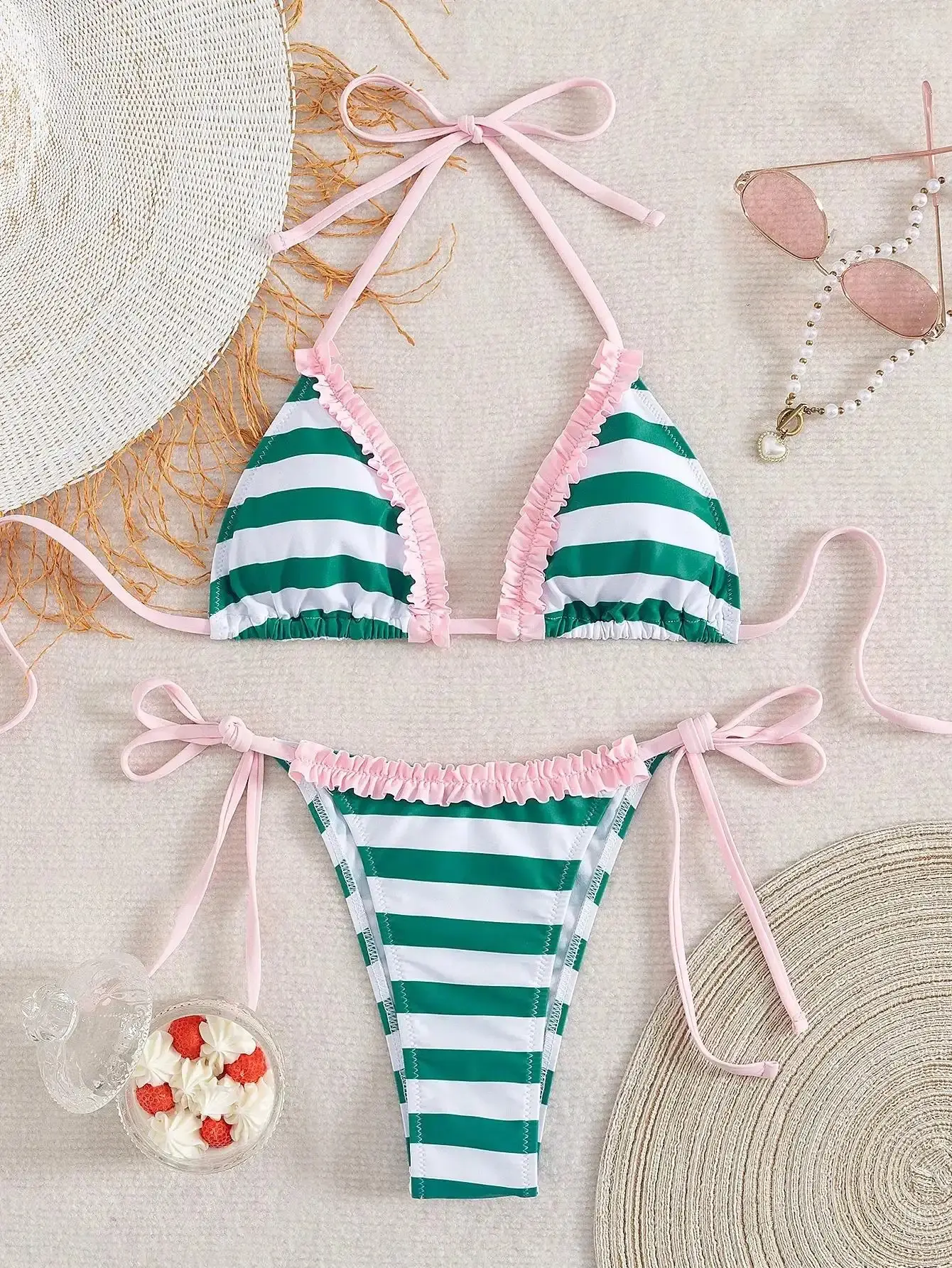 Women's Effortless Green Stripe Tie Back Bikini Swimsuit Set - Pink Accent Bathing Suit with Side Ties, Summer Beach Outfit, Tie Bikinis, coordinated look, matching ensemble, effortless pairing