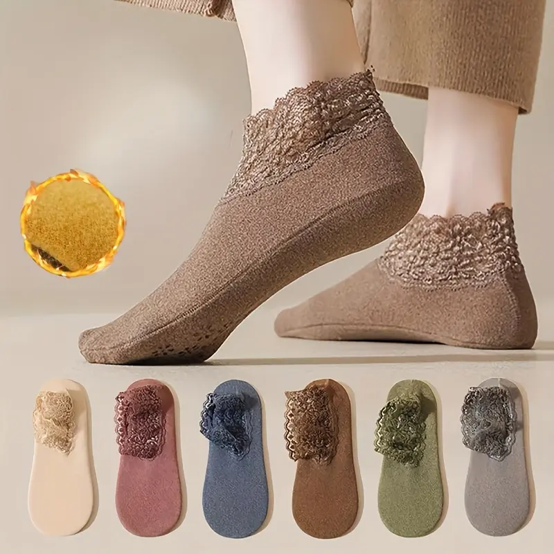 Women's Lady Casual Soft Cushioned Ankle Socks, 6-Pair Mixed Color Pack, Soft Lace Trim Cuffed Style, Non-Slip for Fall Winter Casual Wear, Casual Soft Socks