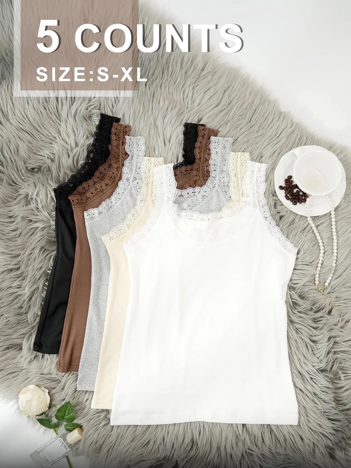 5-Pack Silky Smooth Lady Camisoles: Elegant Sleeveless Cami Elastic Double Dainty Tank Top Lace Trim Stretch Knit Fitted Womenswear Casual Tops for Lounge, Sleep & Nightwear | Sleeveless Round Neck Versatile Basics