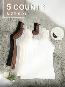 5-Pack Silky Camisoles: Lace Trim Stretch Knit Womenswear Casual Tops for Lounge, Sleep & Nightwear | Sleeveless Round Neck Versatile Basics