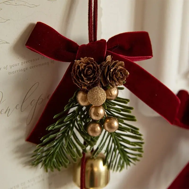 Christmas Door Ornament, Red Bow Pine Cone and Gold Bell Hanging Decor, Rustic Holiday Decoration
