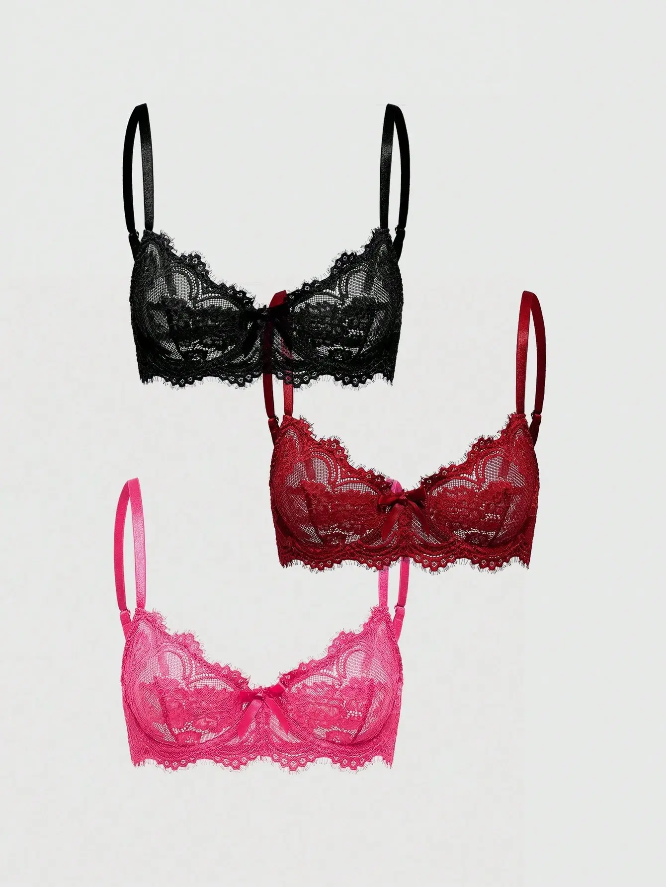 LALUZ Lace Trim Bralette Set Casual 3 Piece Wire-Free Comfortable Soft Stretchy Everyday Lounge Underwear