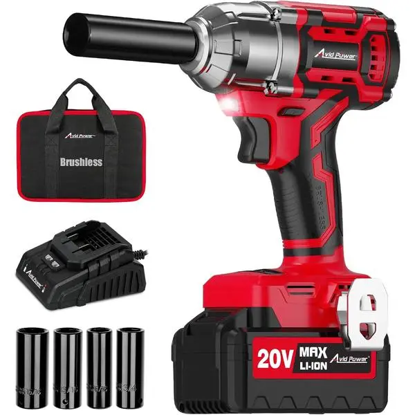 AVID POWER 1/2 Impact Wrench Brushless, 20V Cordless Impact Gun w/ 3 Variable Speeds, Max Torque 370ft-lbs (500N.m), 3.0Ah Li-ion Battery, 4Pcs Impact Sockets, Fast Charger