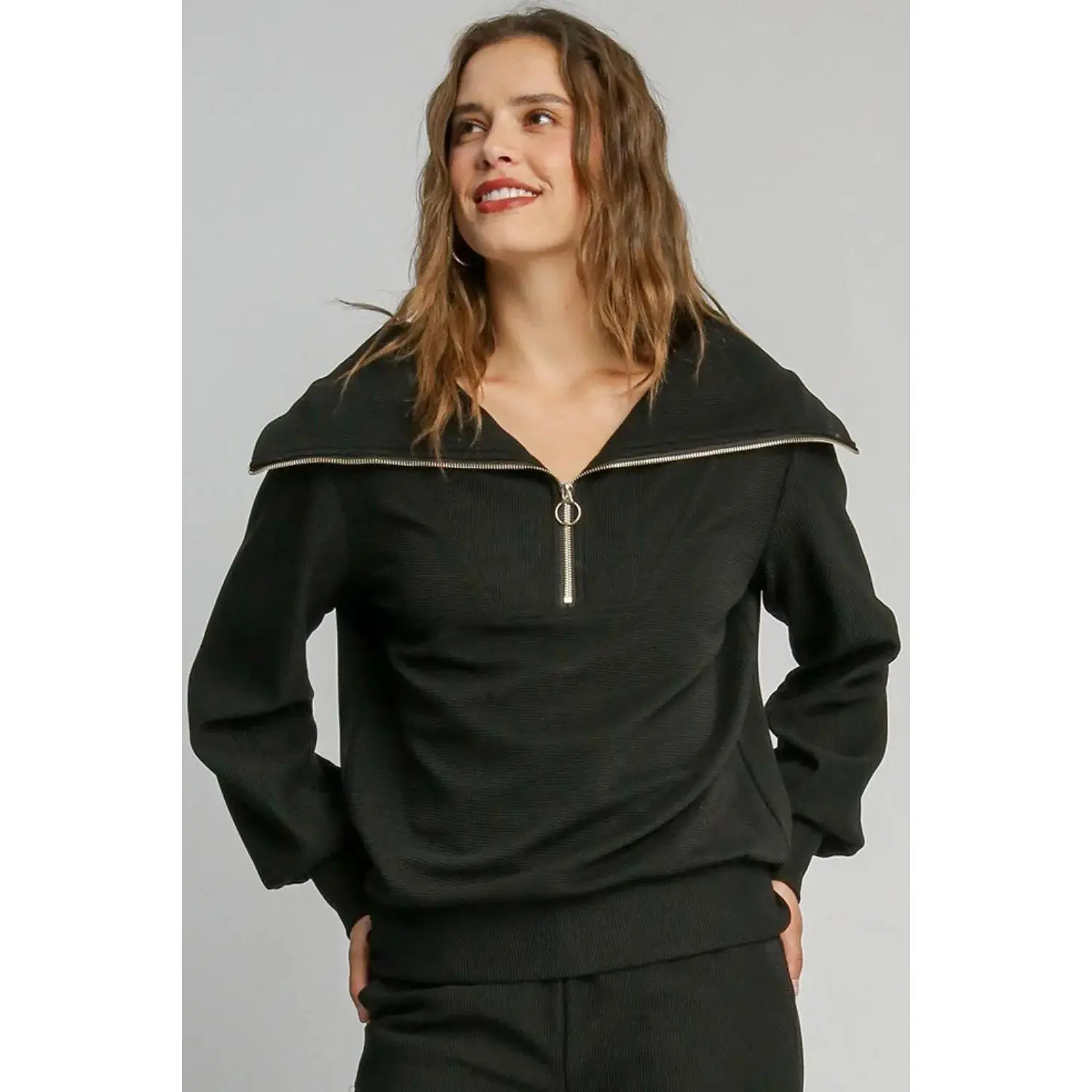 Umgee Full Size Ribbed Knit Half Zipper Sweatshirt Plus Size