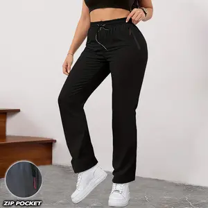 Women’s casual athletic solid-color straight-leg pants with an elastic drawstring waist and pockets—jogging/casual workout pants for the gym; an ideal choice for spring and summer home outfits.