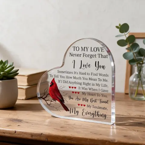 1-Piece Transparent Heart-Shaped Acrylic Decorative Plaque Sign with Letter Pattern - Home Supplies Decoration, Indoor Ornament, Romantic Birthday Gifts for Him