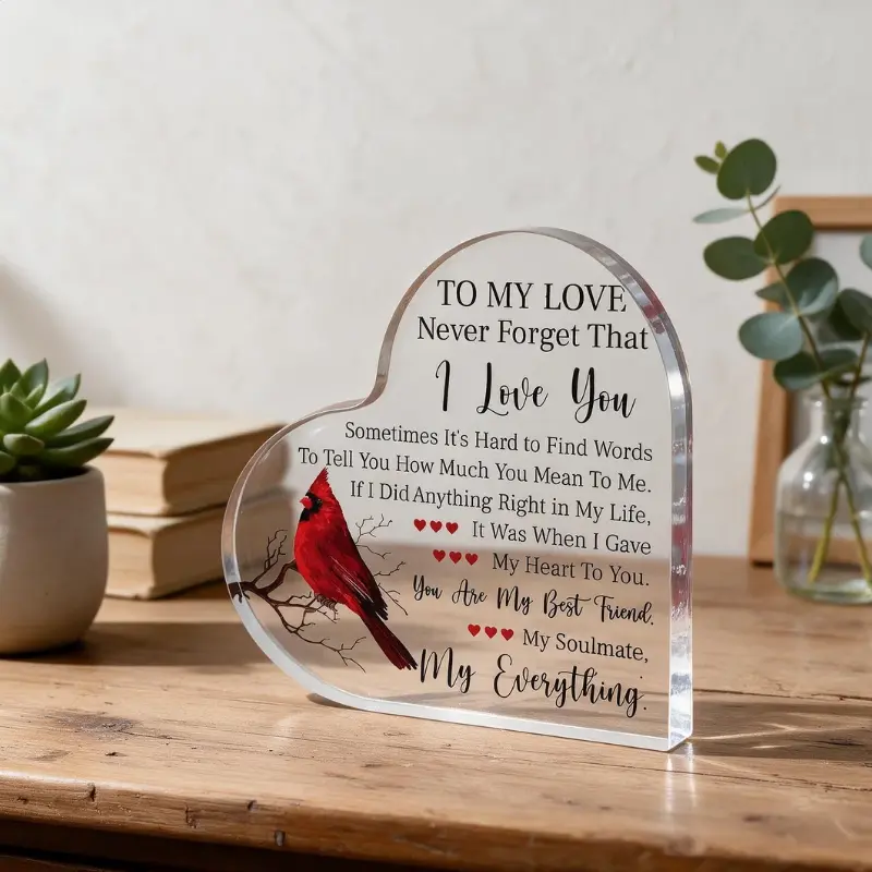 1-Piece Transparent Heart-Shaped Acrylic Decorative Plaque Sign with Letter Pattern - Home Supplies Decoration, Indoor Ornament, Romantic Birthday Gifts for Him