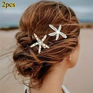 Elegant Pearl Starfish Hair Clips Set, Wedding, Date, Vacation, Daily Wear, Women's Stylish Hair Accessories, 2 Pieces + Sweet Faux Pearls Decor