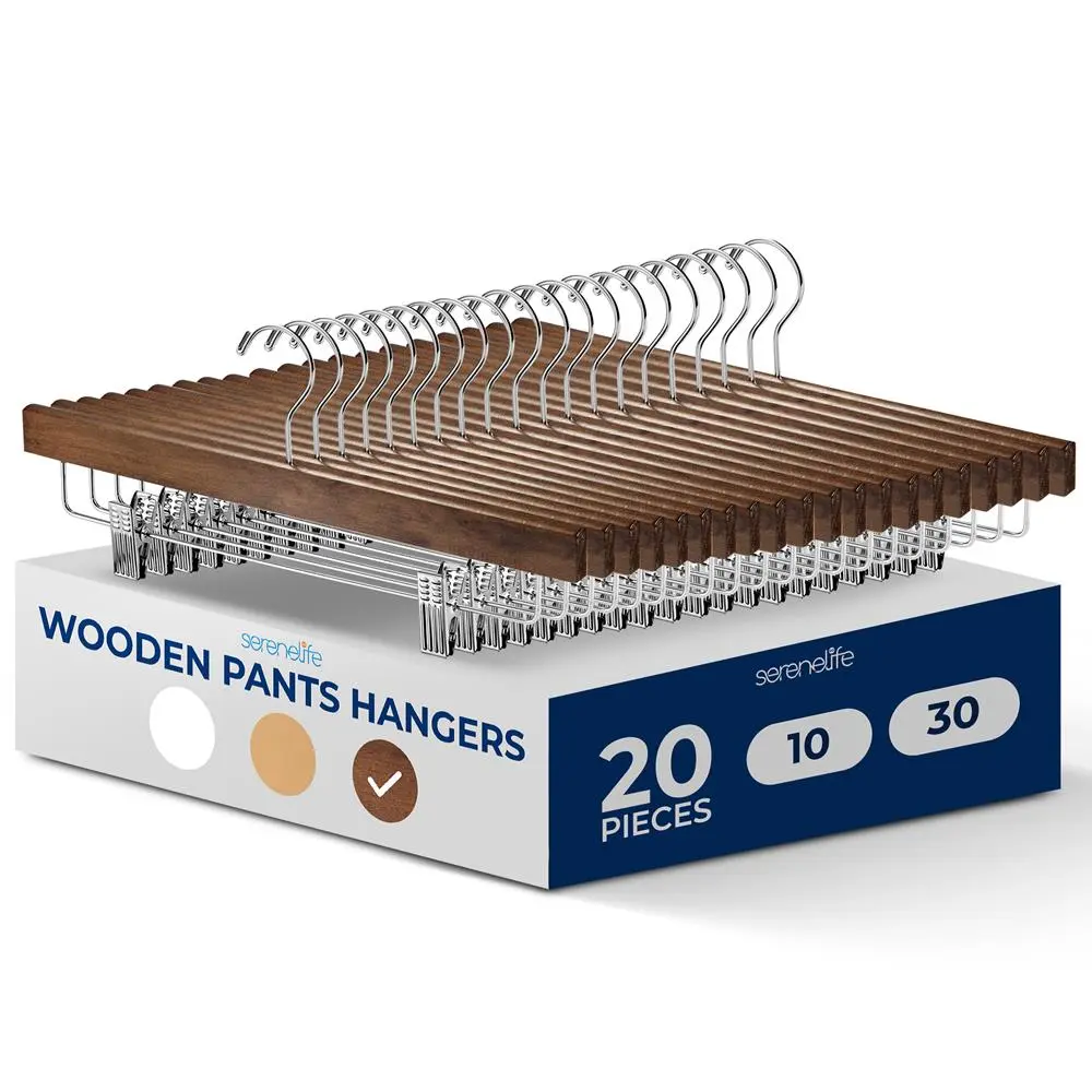 Retro Brown Wooden Adjustable Hooks Hanger Set (20-Pack) - Heavy Duty Organizer Clips Hangers & Pegs with Non-Slip Steel Clips, 360° Swivel Hook, Space-Saving Home Organizer for Jeans, Trousers, Storage Hanger