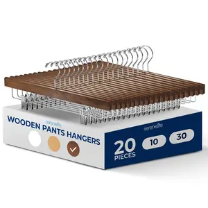 Wooden Pants Hangers 20 Pack, Non-Slip Clips, 360° Swivel, Retro Brown