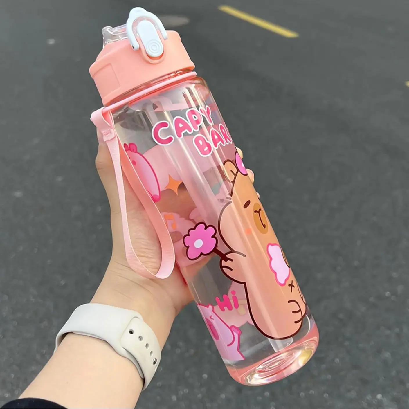 Capybara transparent leak-proof water cup with straw, Reusable Water Bottle, Leakproof Water Bottle, Clear Water Bottle, with handle, suitable for women's sports, camping, picnicking, hiking and travel, transparent pink