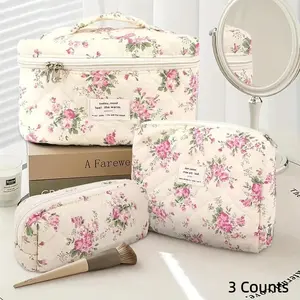 Charming 3-Piece Quilted Makeup Bag Set, Floral Countryside Style, Secure Zipper Closure, Perfect Travel Toiletries Storage Box