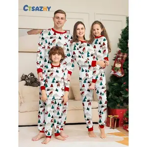 Family Christmas Pajamas Set, Colorblock Reindeer Print, Long Sleeve, Fitted Casual Home Wear, Suitable for All Seasons